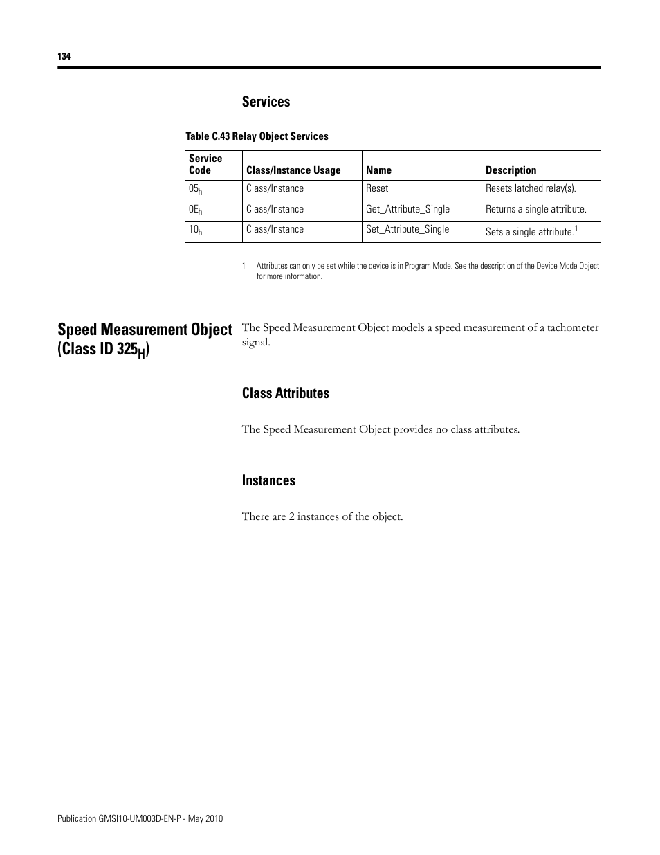 Services, Speed measurement object (class id 325h), Class attributes | Instances, Class attributes instances, Speed measurement object (class id 325 | Rockwell Automation 1440-VAD02-01RA XM-123 Aeroderivative Module User Manual | Page 142 / 166