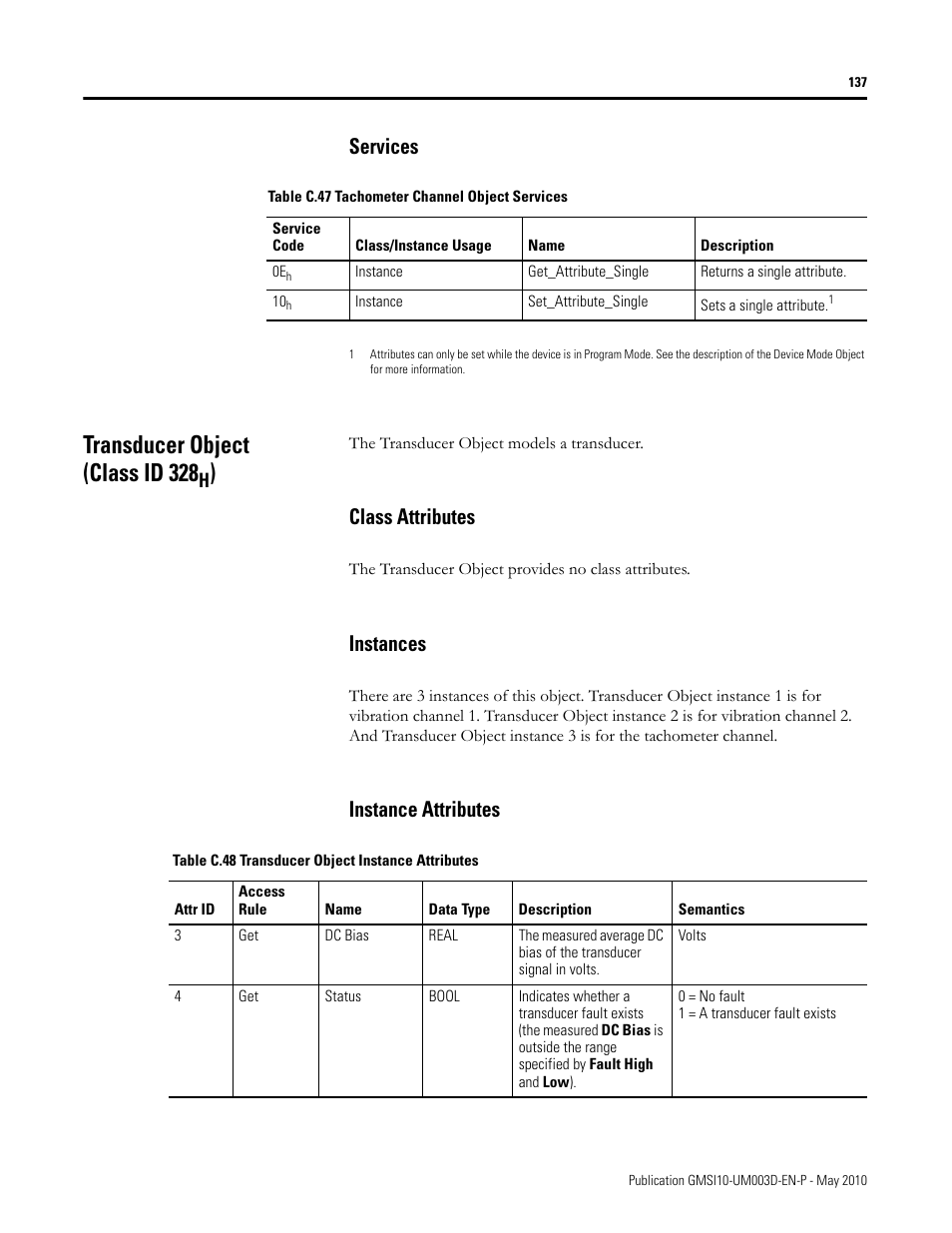 Services, Transducer object (class id 328h), Class attributes | Instances, Instance attributes, Class attributes instances instance attributes, Transducer object (class id 328 | Rockwell Automation 1440-VAD02-01RA XM-123 Aeroderivative Module User Manual | Page 145 / 166