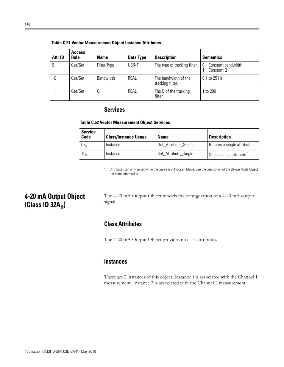 20 ma output object (class id 32ah), Class attributes, Instances | Class attributes instances, 20 ma output object (class id 32a, Services | Rockwell Automation 1440-VAD02-01RA XM-123 Aeroderivative Module User Manual | Page 148 / 166