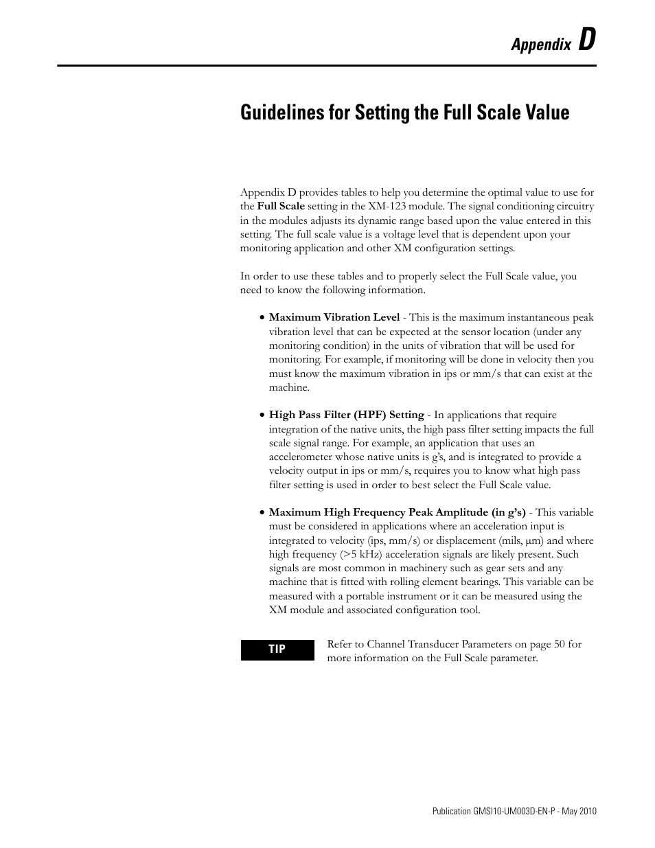 Guidelines for setting the full scale value, Appendix d, Appendix | Rockwell Automation 1440-VAD02-01RA XM-123 Aeroderivative Module User Manual | Page 151 / 166