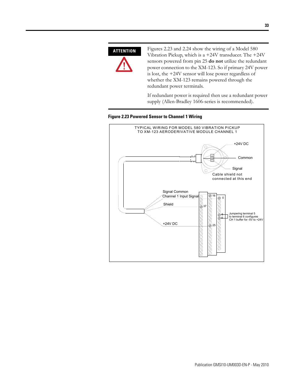 Figure 2.23 powered sensor to channel 1 wiring | Rockwell Automation 1440-VAD02-01RA XM-123 Aeroderivative Module User Manual | Page 41 / 166