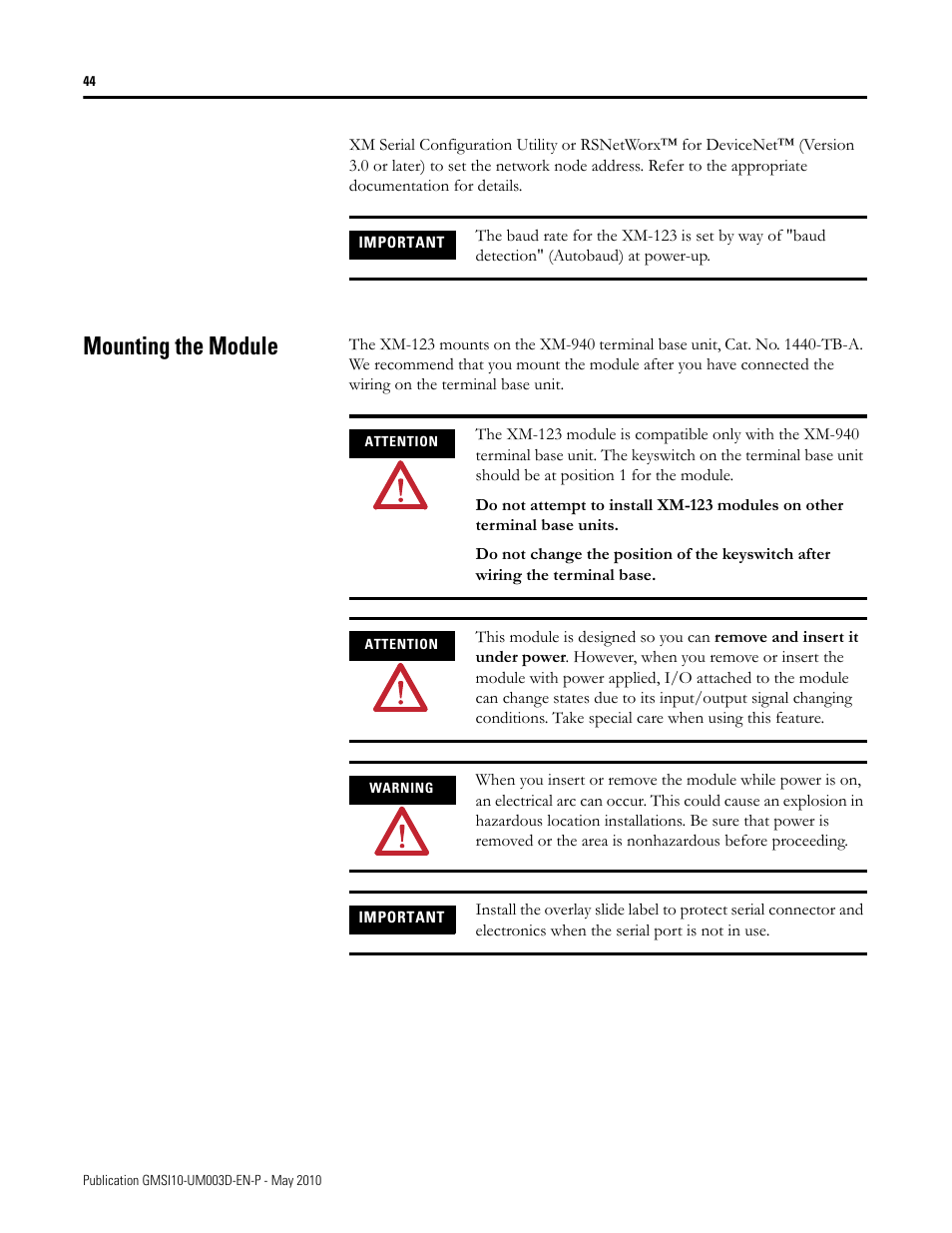 Mounting the module | Rockwell Automation 1440-VAD02-01RA XM-123 Aeroderivative Module User Manual | Page 52 / 166