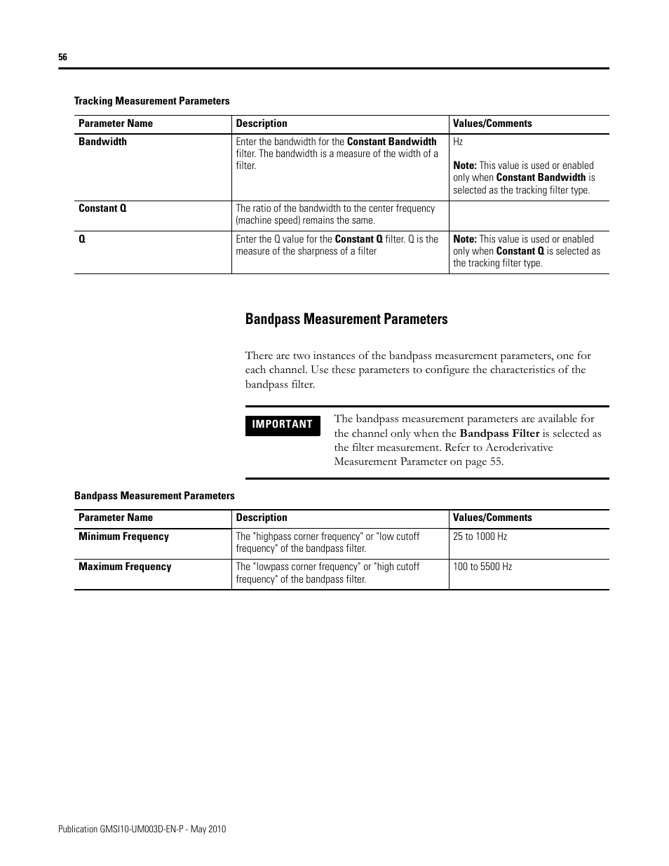 Bandpass measurement parameters | Rockwell Automation 1440-VAD02-01RA XM-123 Aeroderivative Module User Manual | Page 64 / 166