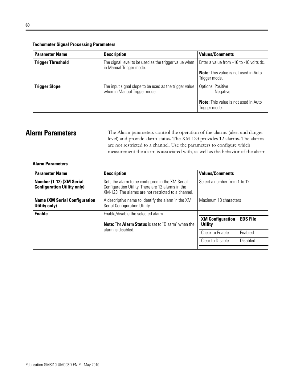 Alarm parameters | Rockwell Automation 1440-VAD02-01RA XM-123 Aeroderivative Module User Manual | Page 68 / 166