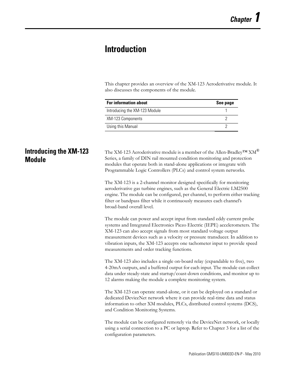 Introduction, Introducing the xm-123 module, Chapter 1 | Chapter | Rockwell Automation 1440-VAD02-01RA XM-123 Aeroderivative Module User Manual | Page 9 / 166