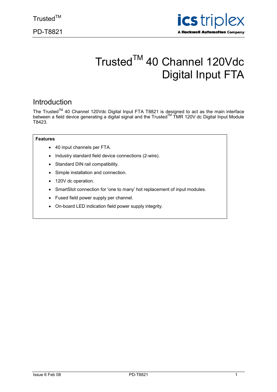 Rockwell Automation T8423 Trusted 40 Channel 120Vdc Digital Input FTA User Manual | 14 pages