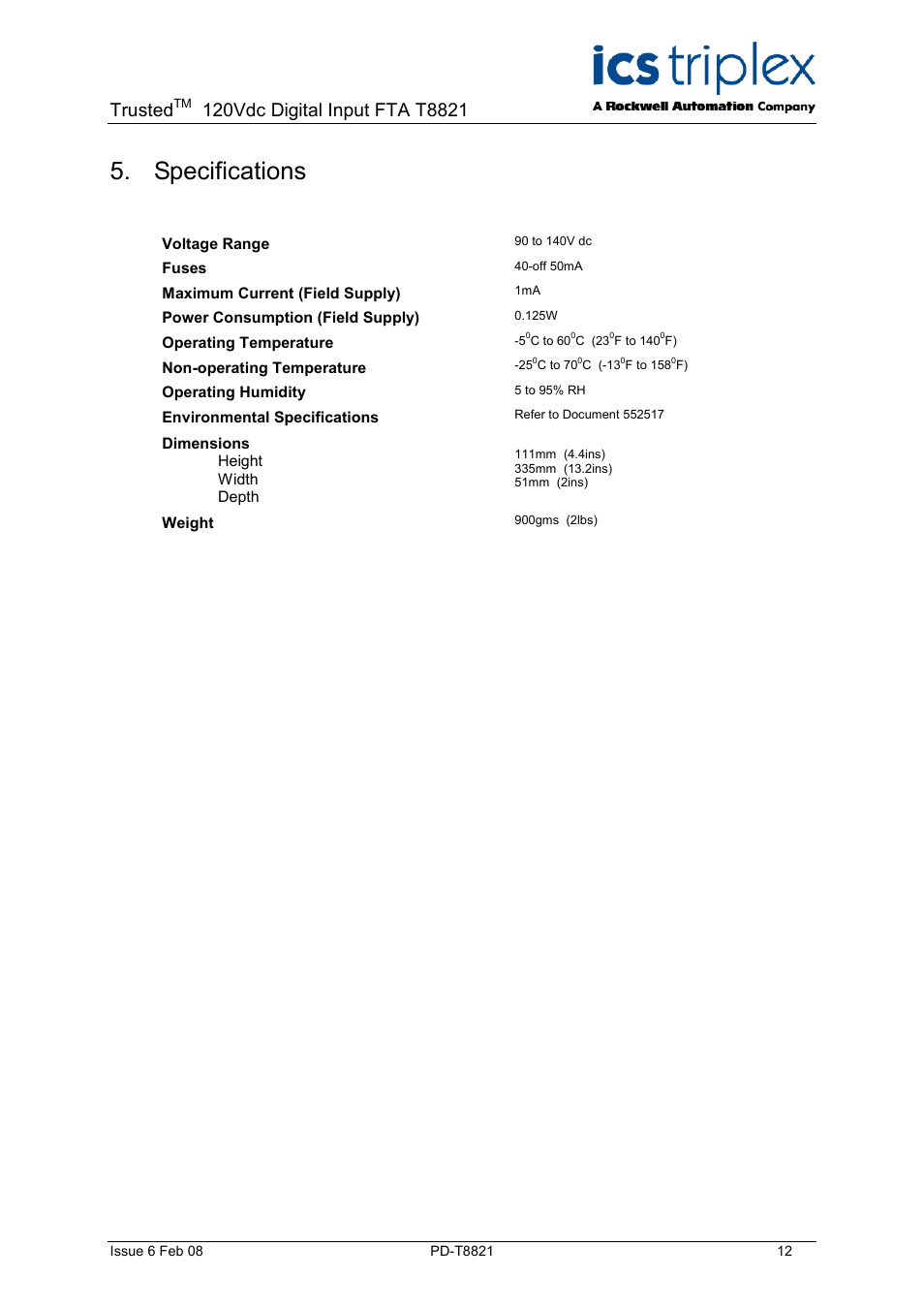 Specifications, Trusted | Rockwell Automation T8423 Trusted 40 Channel 120Vdc Digital Input FTA User Manual | Page 12 / 14