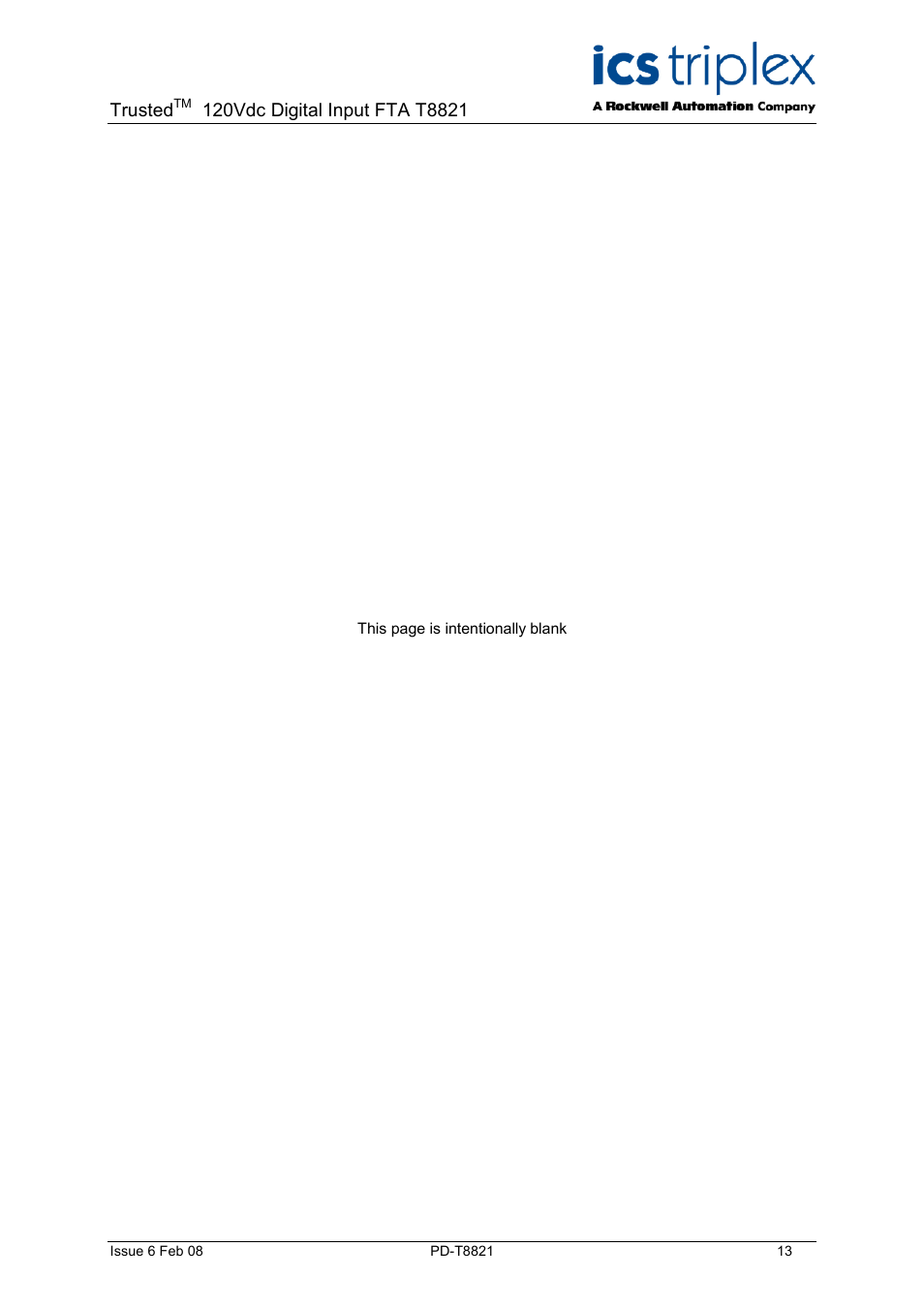 Trusted | Rockwell Automation T8423 Trusted 40 Channel 120Vdc Digital Input FTA User Manual | Page 13 / 14