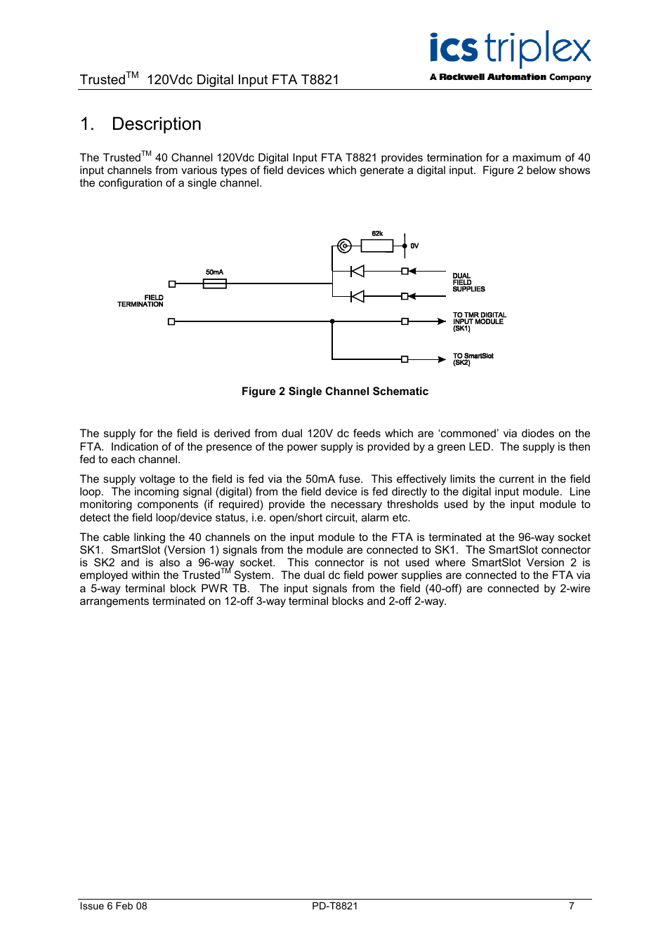 Description, Figure 2 single channel schematic, Trusted | Rockwell Automation T8423 Trusted 40 Channel 120Vdc Digital Input FTA User Manual | Page 7 / 14