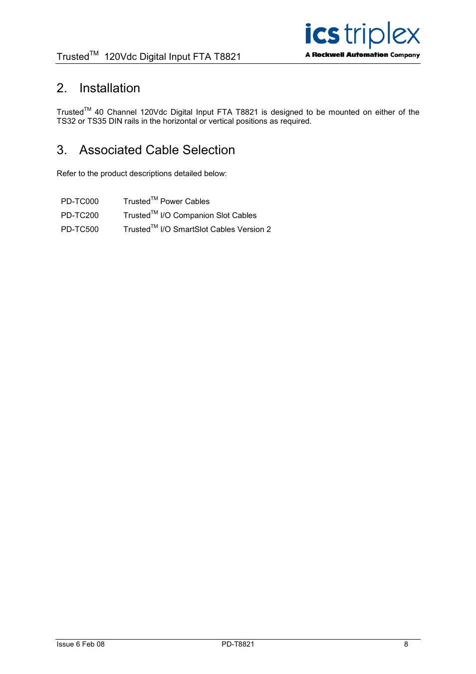 Installation, Associated cable selection, Trusted | Rockwell Automation T8423 Trusted 40 Channel 120Vdc Digital Input FTA User Manual | Page 8 / 14