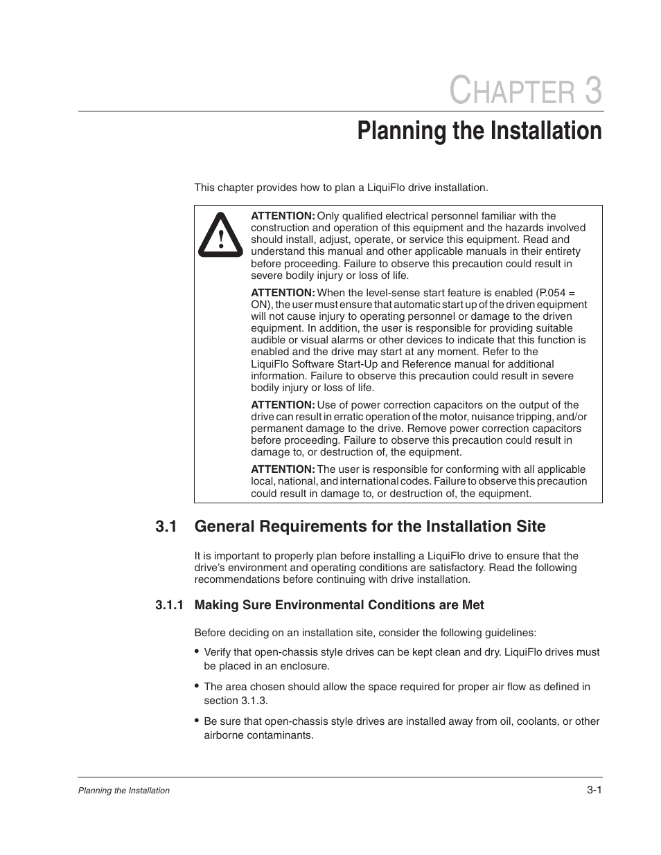 Chapter 3 - planning the installation, Hapter, Planning the installation | Rockwell Automation Liqui-Flo AC Power Modules User Manual | Page 31 / 108