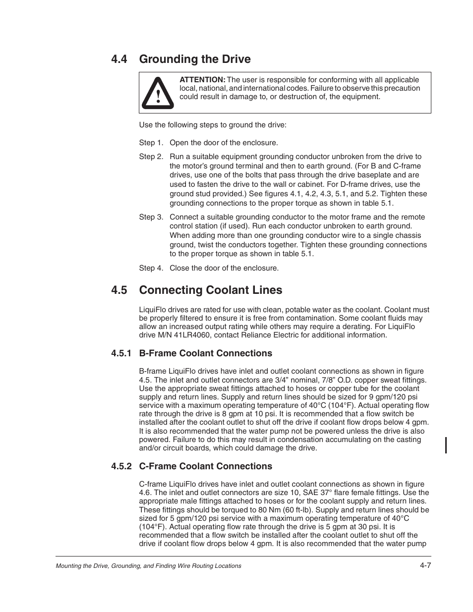 4 grounding the drive, 5 connecting coolant lines | Rockwell Automation Liqui-Flo AC Power Modules User Manual | Page 47 / 108