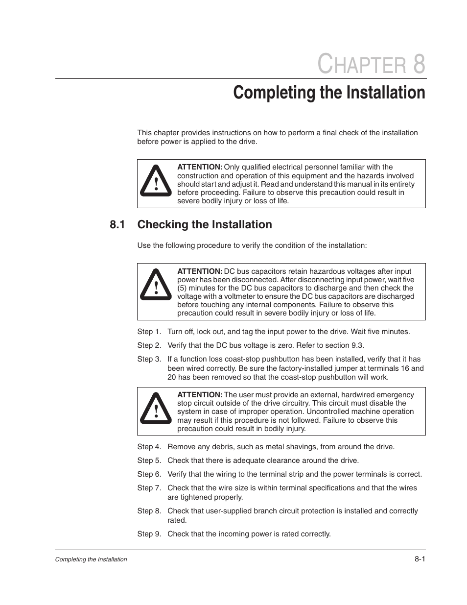 Chapter 8 - completing the installation, Hapter, Completing the installation | Rockwell Automation Liqui-Flo AC Power Modules User Manual | Page 79 / 108