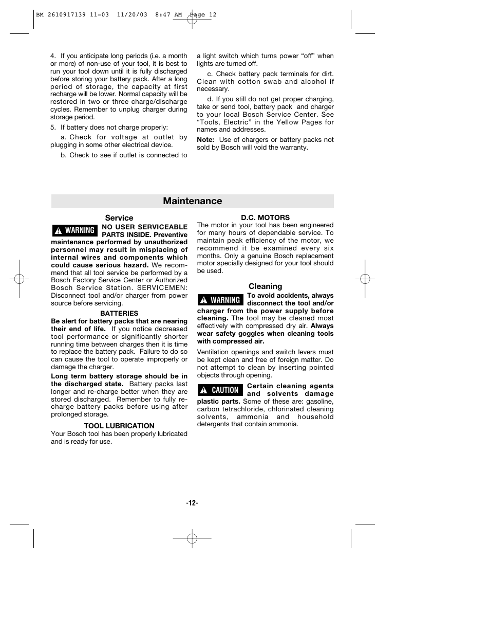 Maintenance | Bosch 53514 User Manual | Page 12 / 40