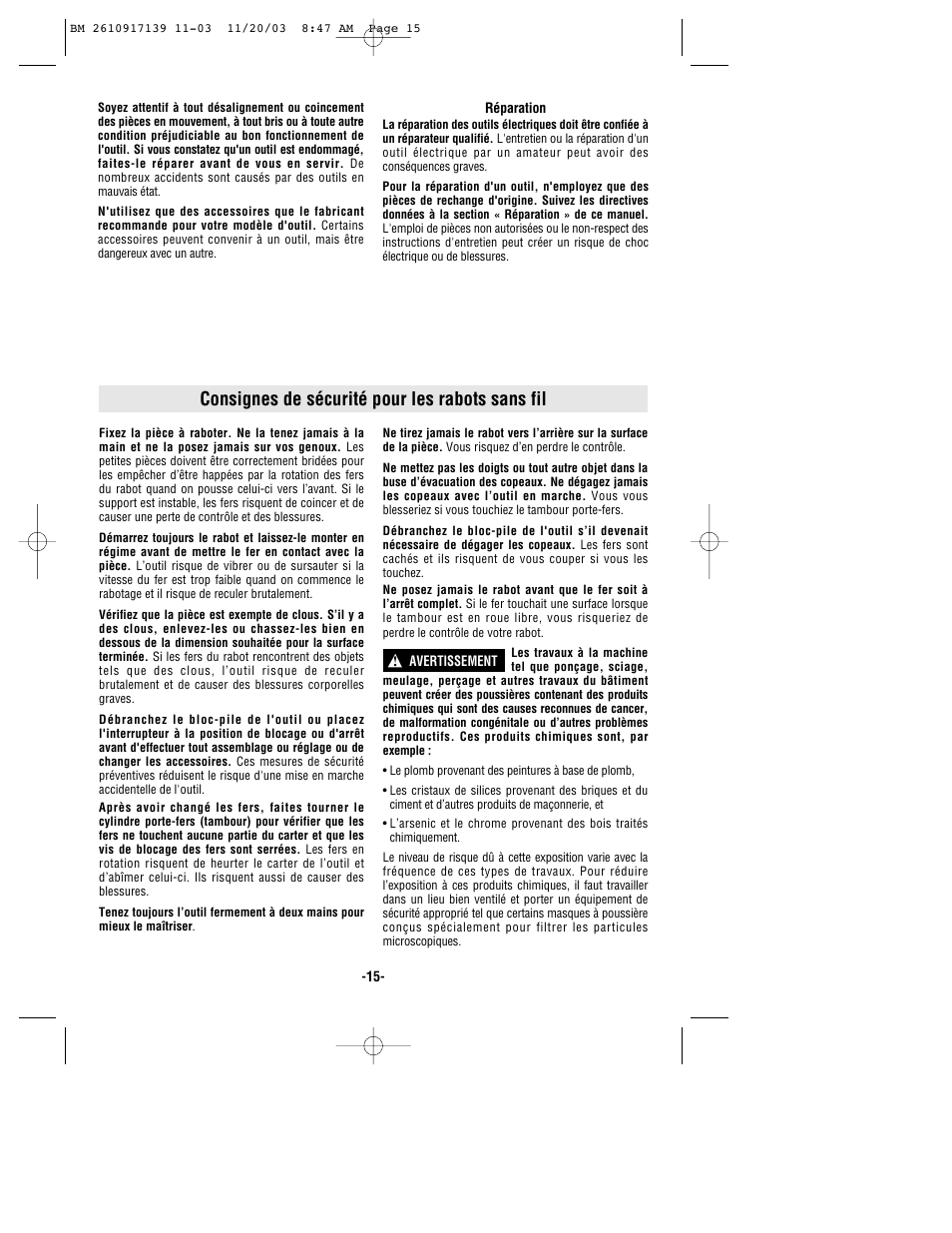 Consignes de sécurité pour les rabots sans fil | Bosch 53514 User Manual | Page 15 / 40