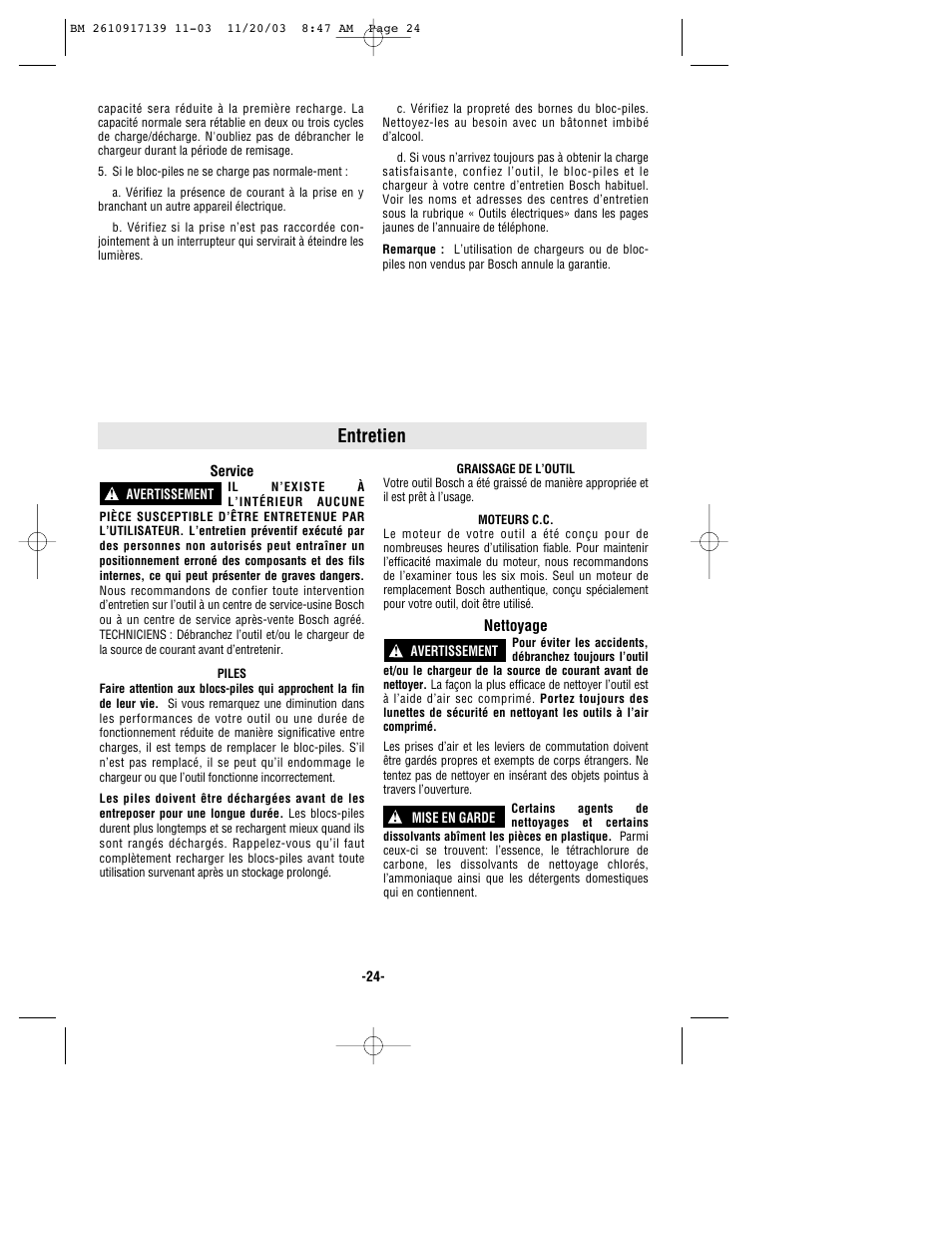 Entretien | Bosch 53514 User Manual | Page 24 / 40