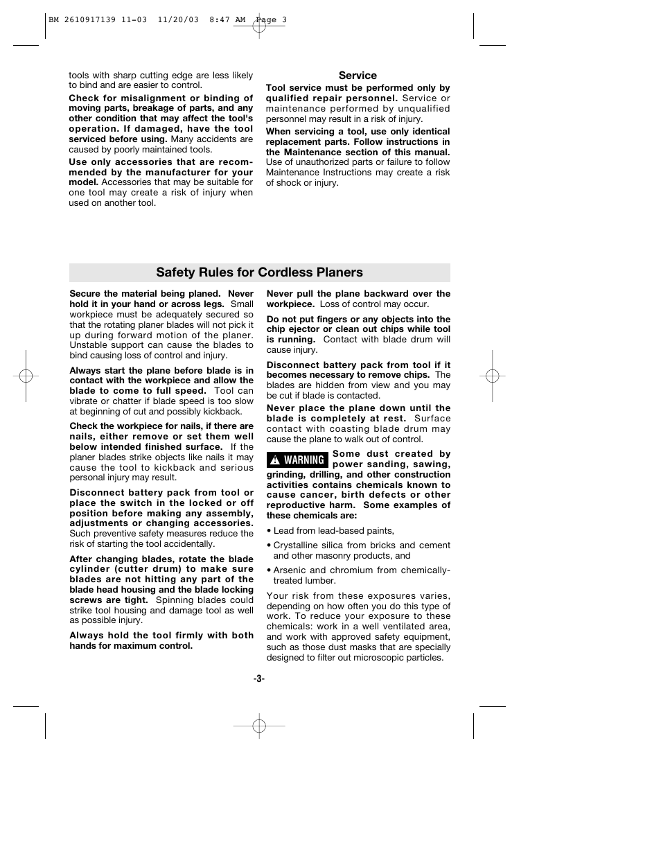 Safety rules for cordless planers | Bosch 53514 User Manual | Page 3 / 40