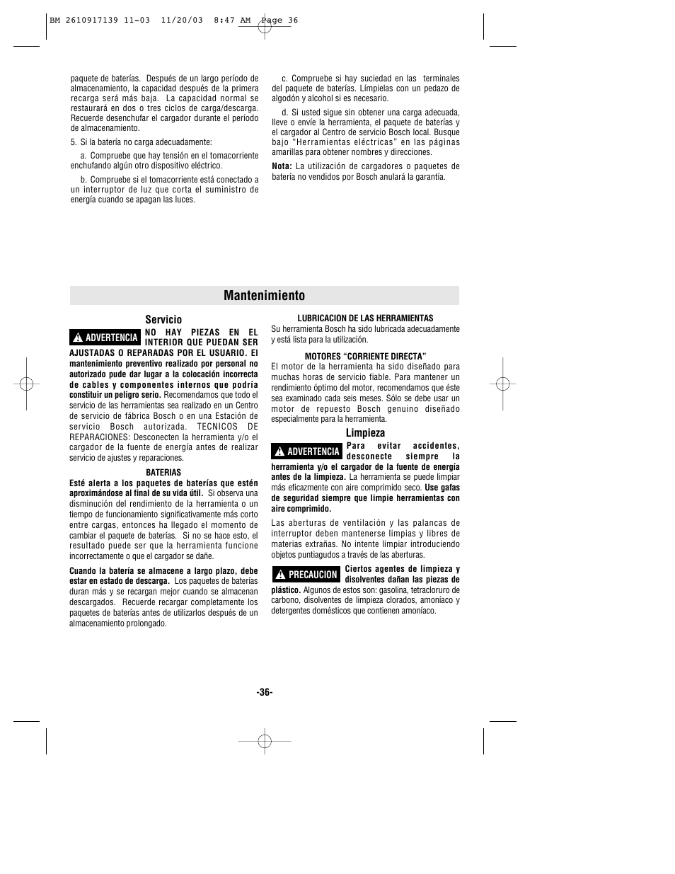Mantenimiento | Bosch 53514 User Manual | Page 36 / 40