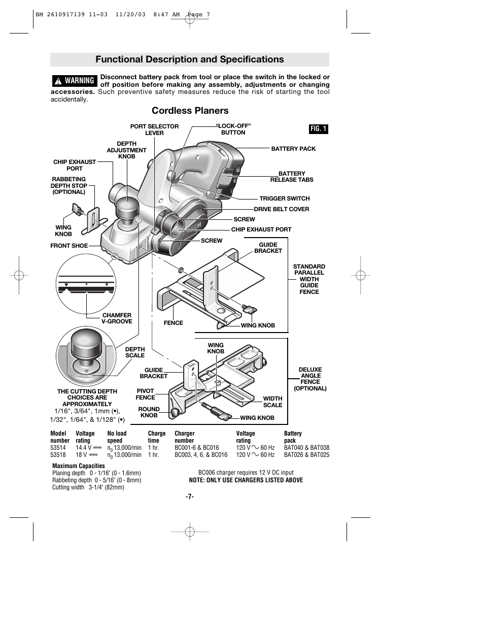 Functional description and specifications, Cordless planers | Bosch 53514 User Manual | Page 7 / 40