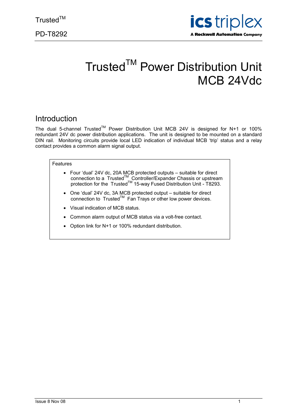 Rockwell Automation T8xxx Trusted Power Distribution Unit MCB 24Vdc User Manual | 16 pages