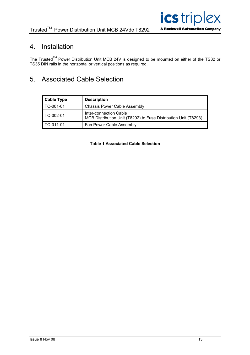 Installation, Associated cable selection, Table 1 associated cable selection | Rockwell Automation T8xxx Trusted Power Distribution Unit MCB 24Vdc User Manual | Page 13 / 16