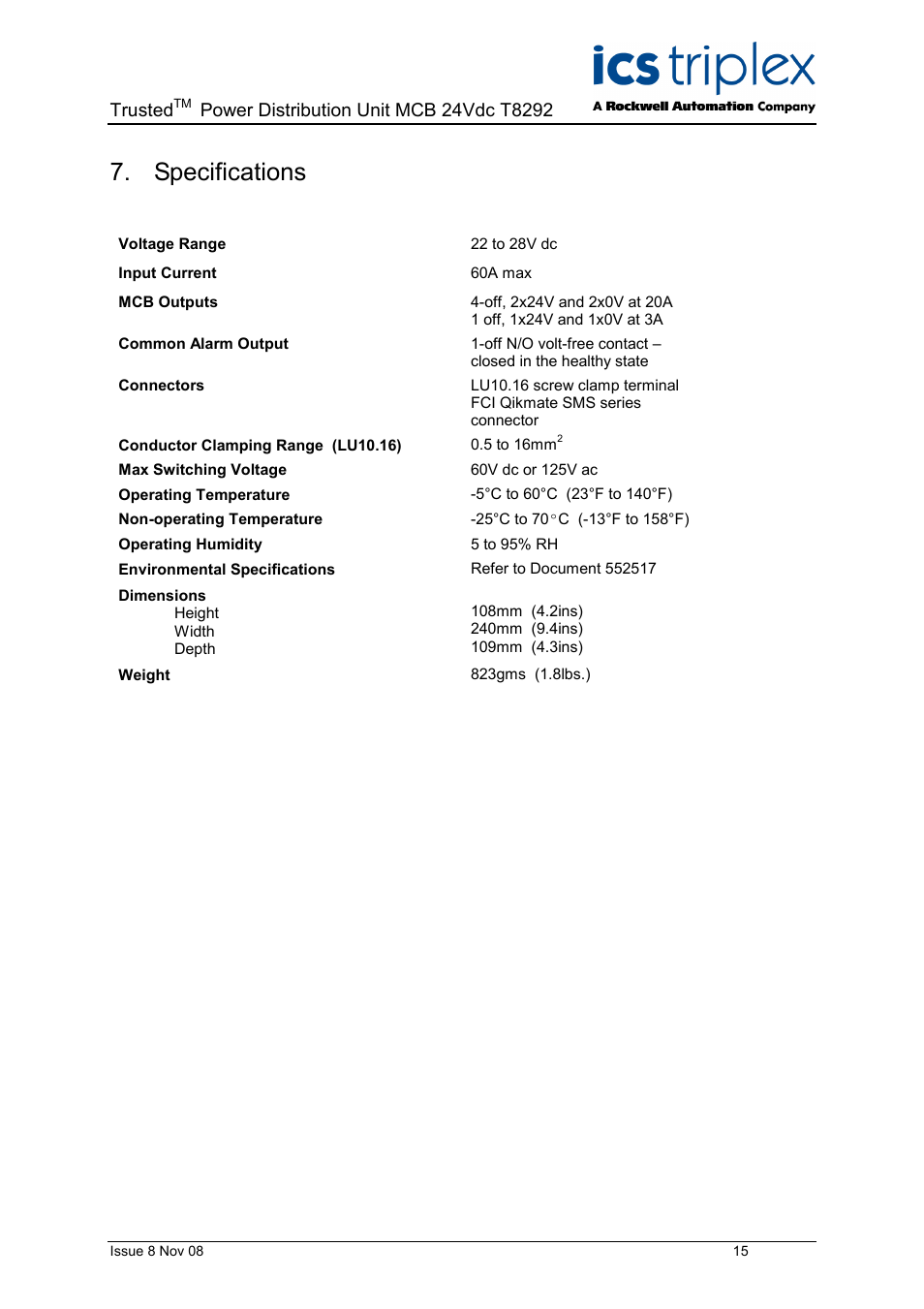 Specifications, Trusted | Rockwell Automation T8xxx Trusted Power Distribution Unit MCB 24Vdc User Manual | Page 15 / 16