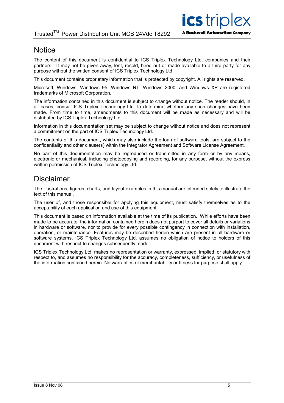 Notice, Disclaimer | Rockwell Automation T8xxx Trusted Power Distribution Unit MCB 24Vdc User Manual | Page 5 / 16