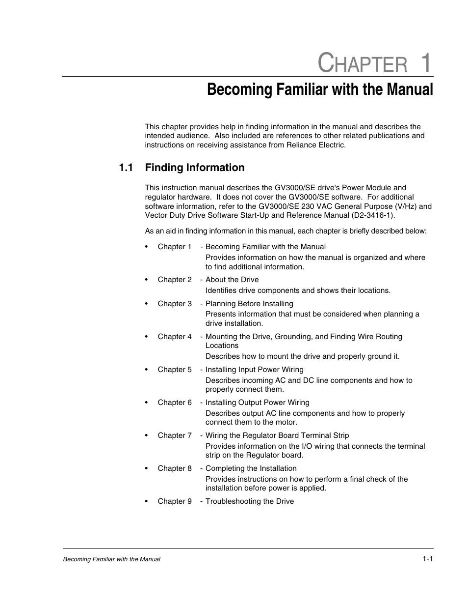 Chapter 1 - becoming familiar with the manual, Hapter, Becoming familiar with the manual | Rockwell Automation GV3000/SE AC Drive 30-100HP, 230VAC V6.04 Hardware Ref, Install, Troubleshooting User Manual | Page 13 / 82