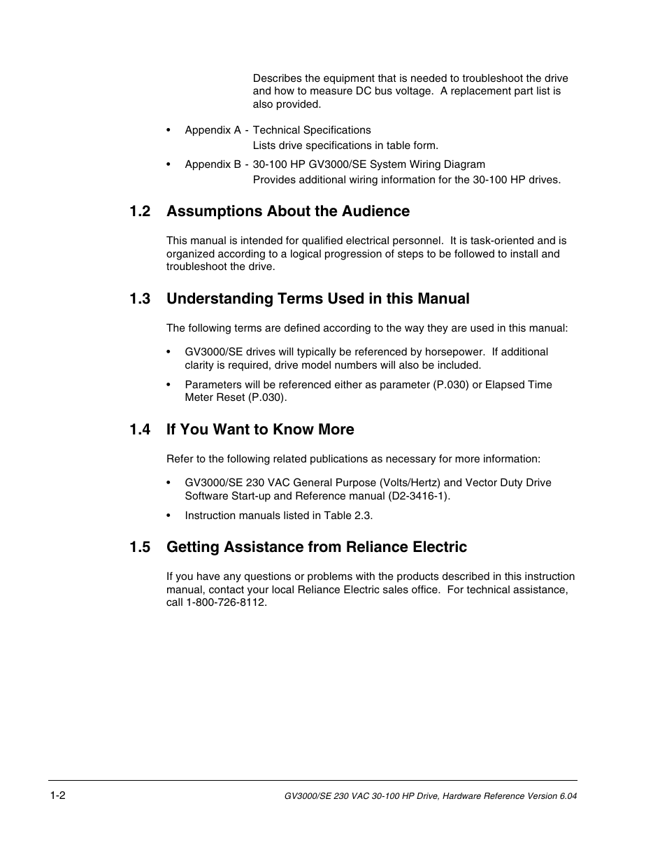 2 assumptions about the audience, 3 understanding terms used in this manual, 4 if you want to know more | 5 getting assistance from reliance electric | Rockwell Automation GV3000/SE AC Drive 30-100HP, 230VAC V6.04 Hardware Ref, Install, Troubleshooting User Manual | Page 14 / 82