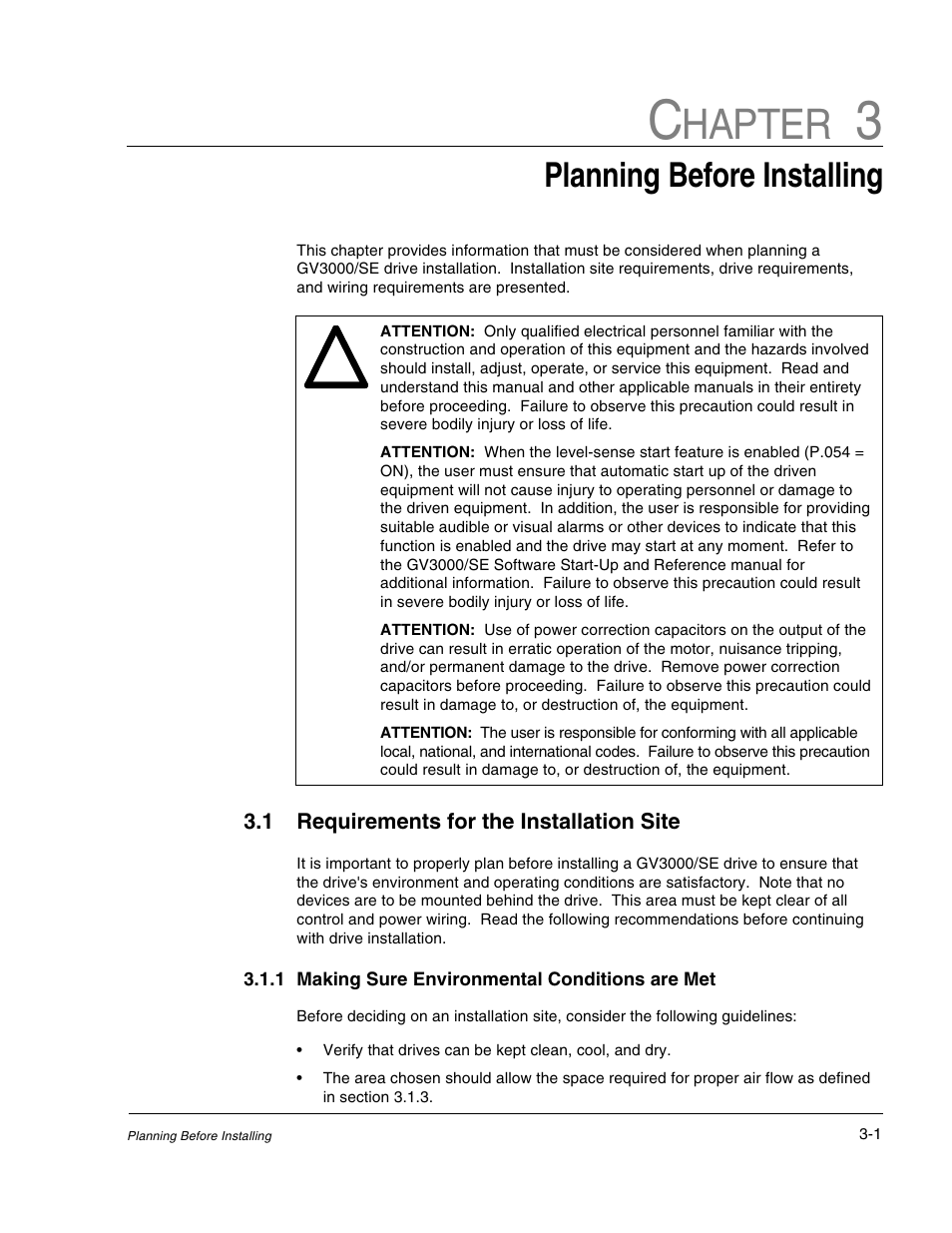 Chapter 3 - planning before installing, Hapter, Planning before installing | Rockwell Automation GV3000/SE AC Drive 30-100HP, 230VAC V6.04 Hardware Ref, Install, Troubleshooting User Manual | Page 29 / 82