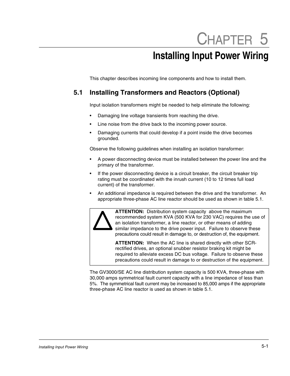Chapter 5 - installing input power wiring, Hapter, Installing input power wiring | Rockwell Automation GV3000/SE AC Drive 30-100HP, 230VAC V6.04 Hardware Ref, Install, Troubleshooting User Manual | Page 43 / 82