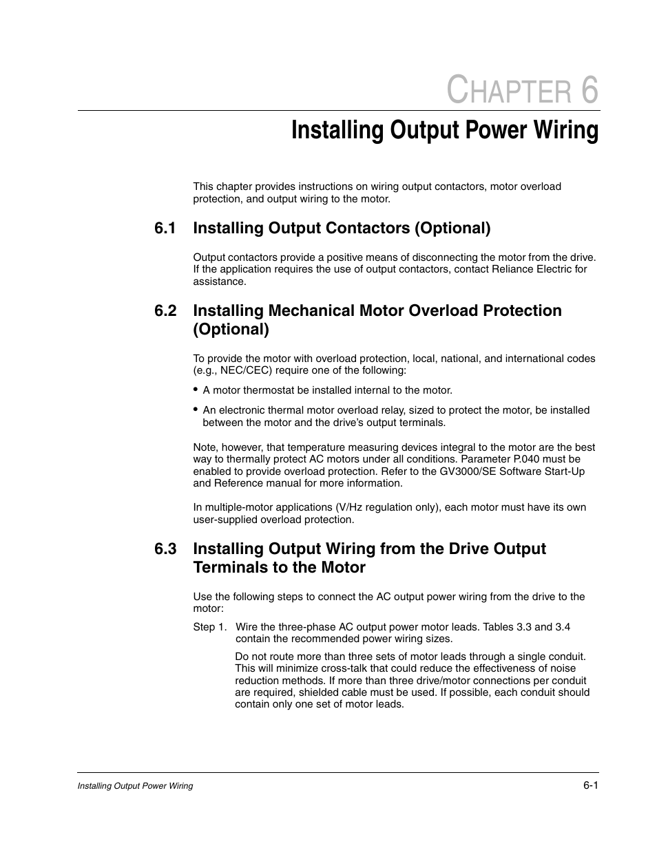 Chapter 6 - installing output power wiring, Hapter, Installing output power wiring | Rockwell Automation GV3000/SE AC Drive 30-100HP, 230VAC V6.04 Hardware Ref, Install, Troubleshooting User Manual | Page 49 / 82