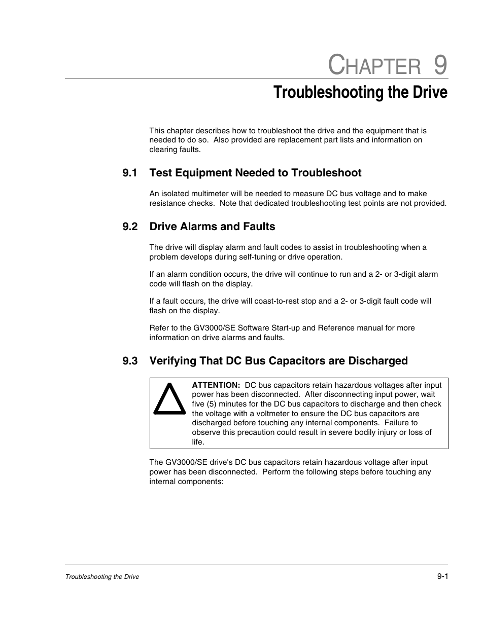 Chapter 9 - troubleshooting the drive, Hapter, Troubleshooting the drive | Rockwell Automation GV3000/SE AC Drive 30-100HP, 230VAC V6.04 Hardware Ref, Install, Troubleshooting User Manual | Page 71 / 82