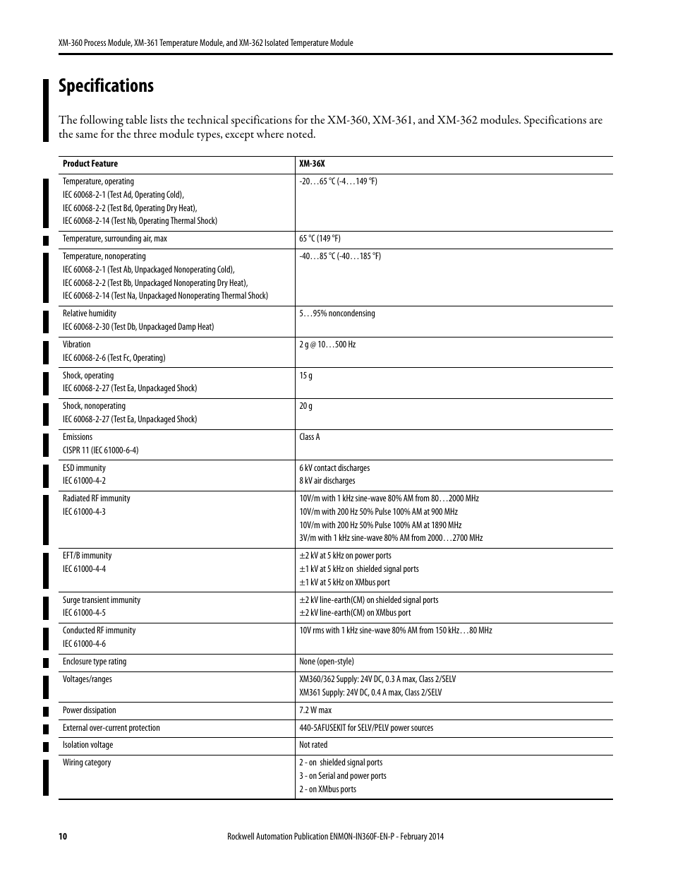 Specifications | Rockwell Automation 1440-TTC06-00RE XM-362 Isolated Temperature Module User Manual | Page 10 / 12