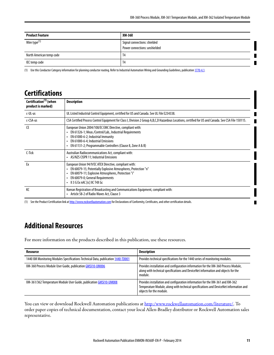Certifications, Additional resources, Certifications additional resources | Rockwell Automation 1440-TTC06-00RE XM-362 Isolated Temperature Module User Manual | Page 11 / 12