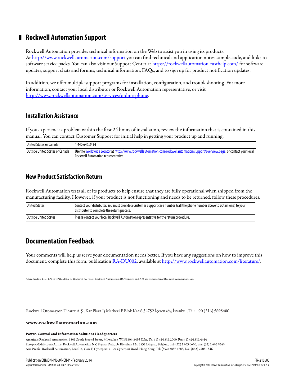 Rockwell automation support, Documentation feedback, Installation assistance | New product satisfaction return | Rockwell Automation 1440-TTC06-00RE XM-362 Isolated Temperature Module User Manual | Page 12 / 12