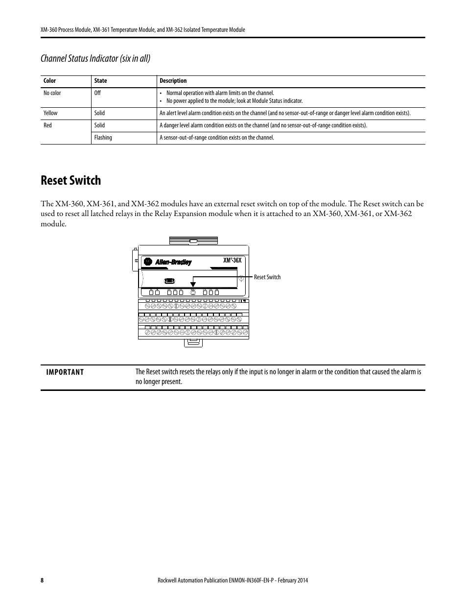 Reset switch, Channel status indicator (six in all) | Rockwell Automation 1440-TTC06-00RE XM-362 Isolated Temperature Module User Manual | Page 8 / 12