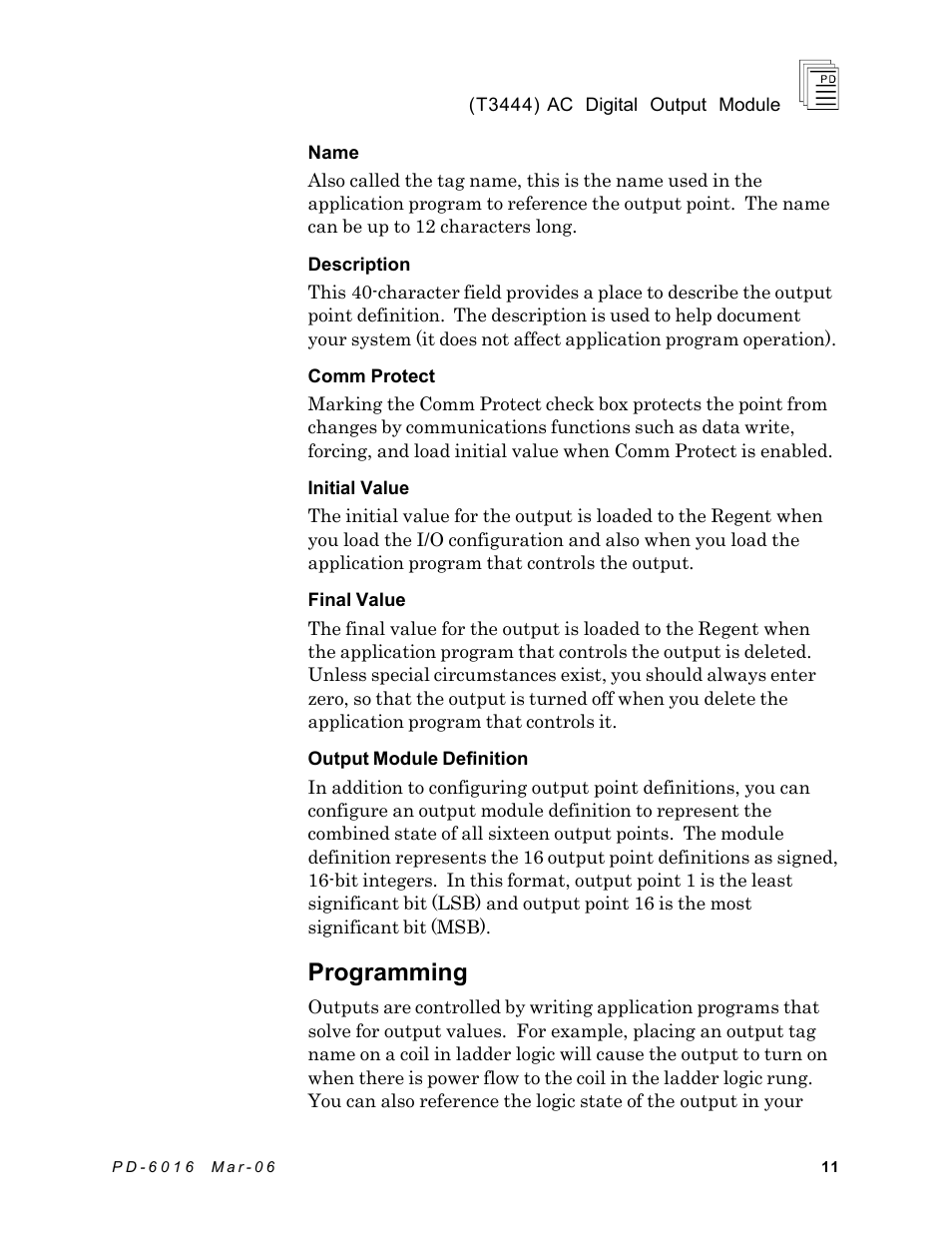 Programming | Rockwell Automation T3444 ICS Regent 110 VAC Digital Output Module User Manual | Page 11 / 14