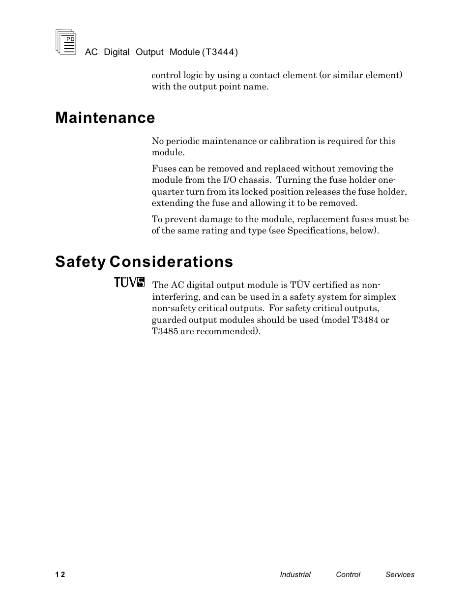 Maintenance, Safety considerations | Rockwell Automation T3444 ICS Regent 110 VAC Digital Output Module User Manual | Page 12 / 14