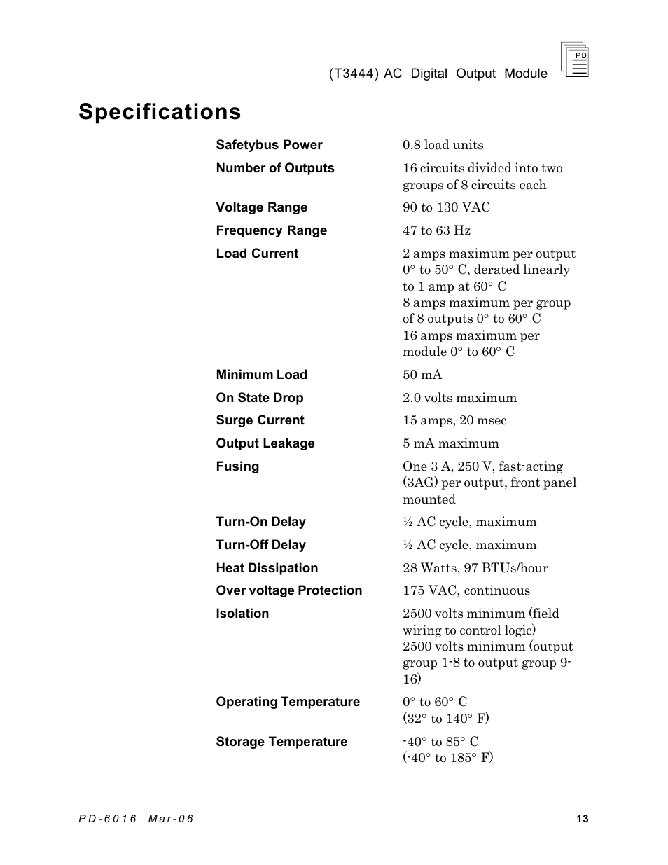 Specifications | Rockwell Automation T3444 ICS Regent 110 VAC Digital Output Module User Manual | Page 13 / 14