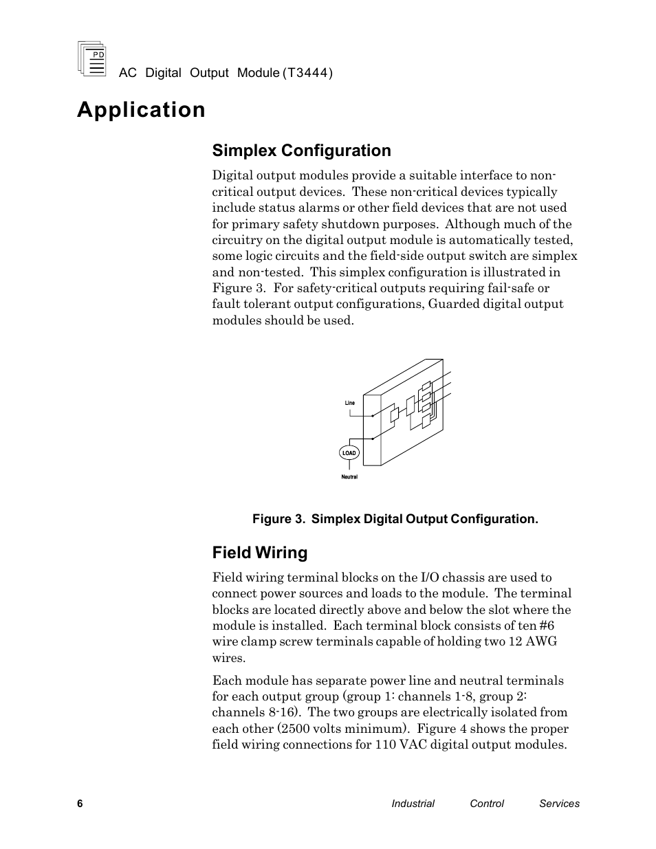 Application, Simplex configuration, Field wiring | Rockwell Automation T3444 ICS Regent 110 VAC Digital Output Module User Manual | Page 6 / 14