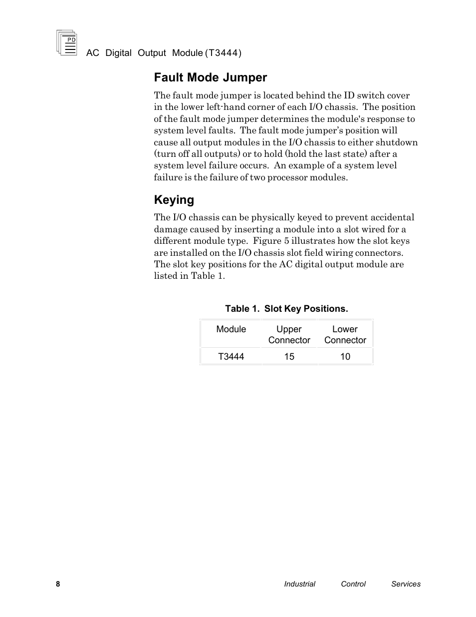 Fault mode jumper, Keying | Rockwell Automation T3444 ICS Regent 110 VAC Digital Output Module User Manual | Page 8 / 14