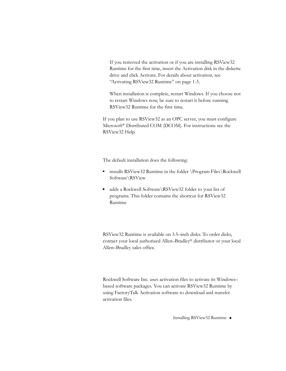 Installation summary, Ordering rsview32 runtime on disks, Activating rsview32 runtime | Installation summary -5 | Rockwell Automation RSView32 Runtime Users Guide User Manual | Page 11 / 89