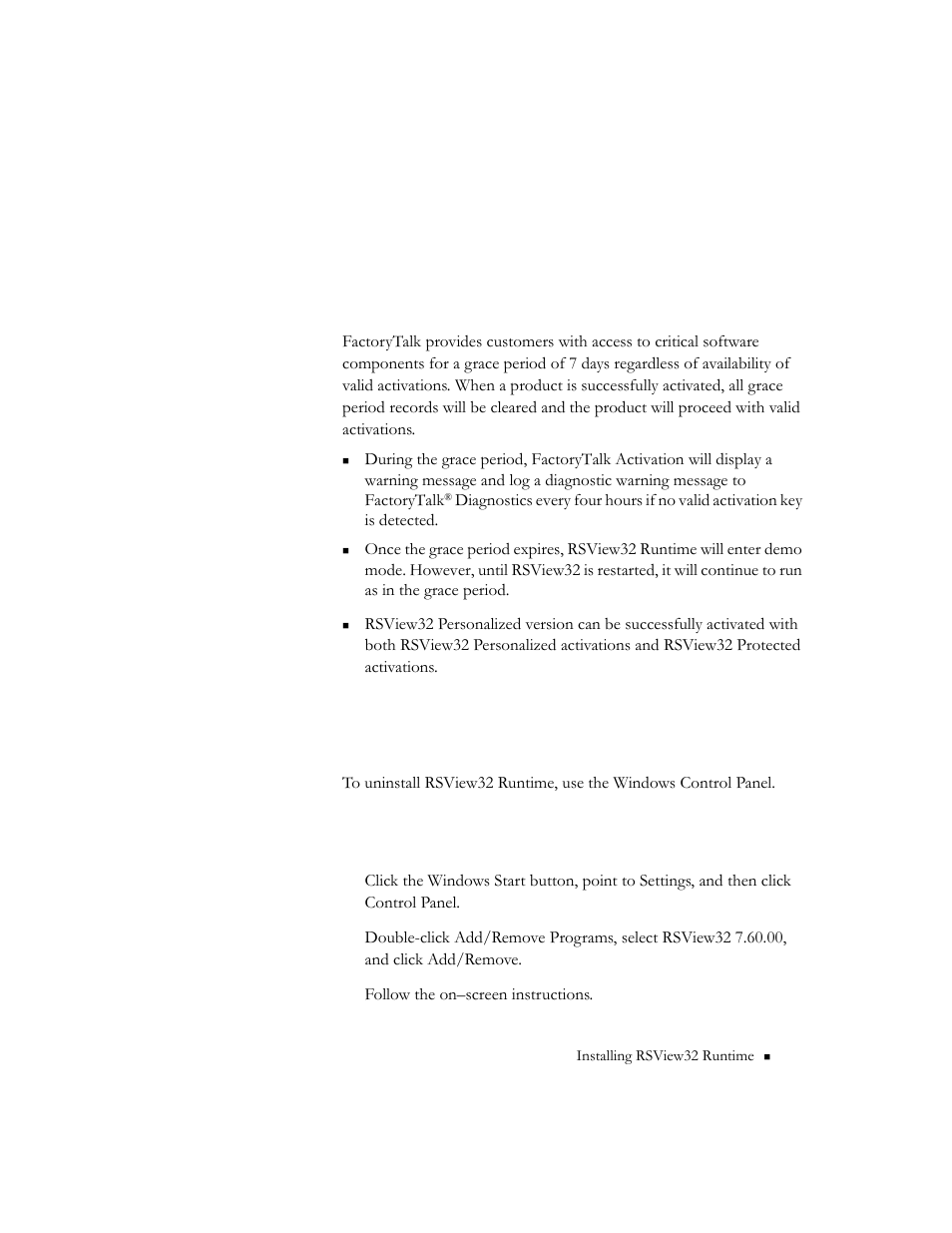 Factorytalk® activation grace period, Uninstalling rsview32 runtime, Factorytalk® activation grace period -9 | Rockwell Automation RSView32 Runtime Users Guide User Manual | Page 15 / 89