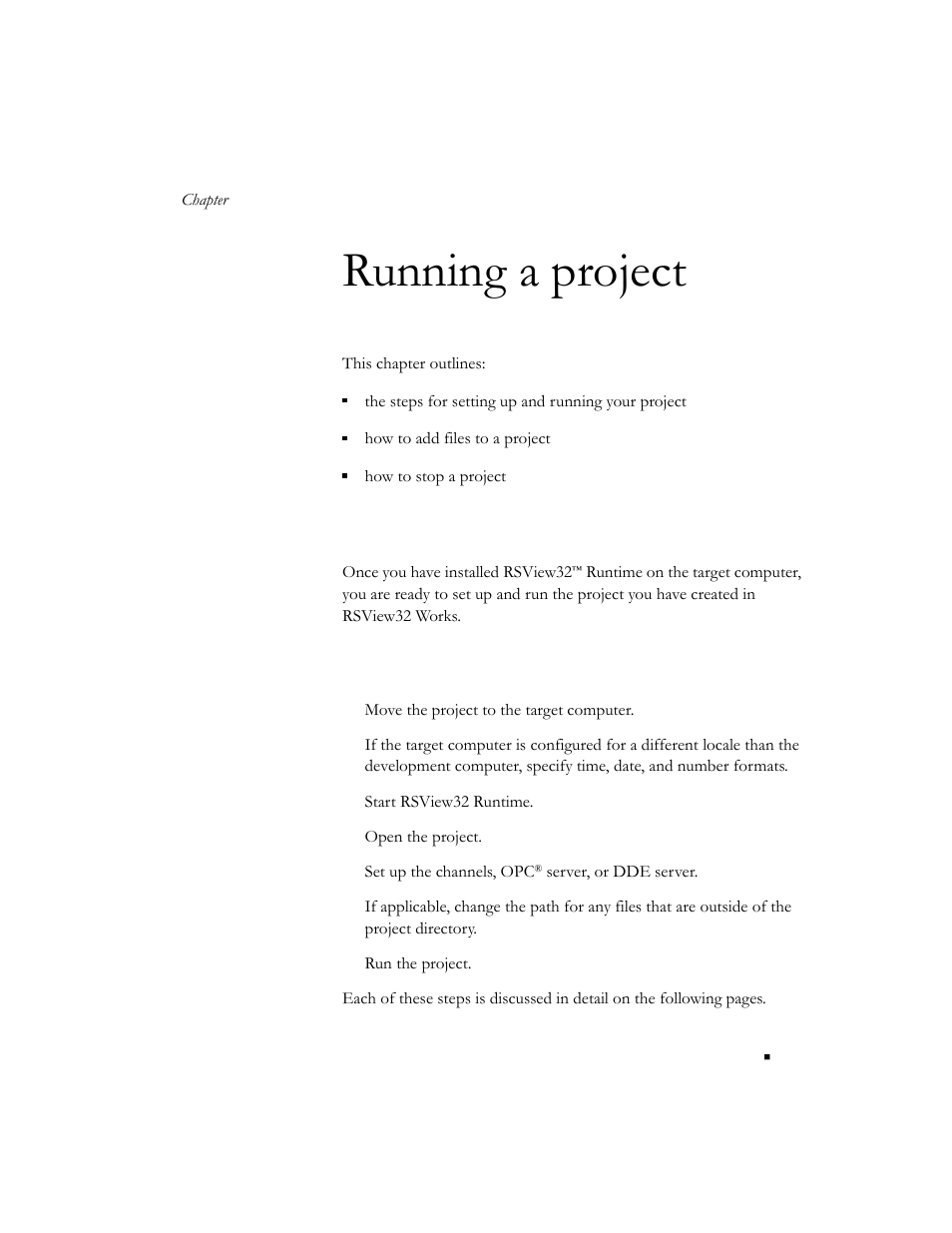 Running a project, Setting up and running your project, Summary of steps | Chapter 2, Summary of steps -1 | Rockwell Automation RSView32 Runtime Users Guide User Manual | Page 17 / 89