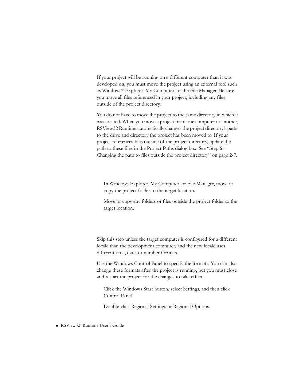 Step 1 – moving the project, Step 2 – specifying time, date, and number formats | Rockwell Automation RSView32 Runtime Users Guide User Manual | Page 18 / 89