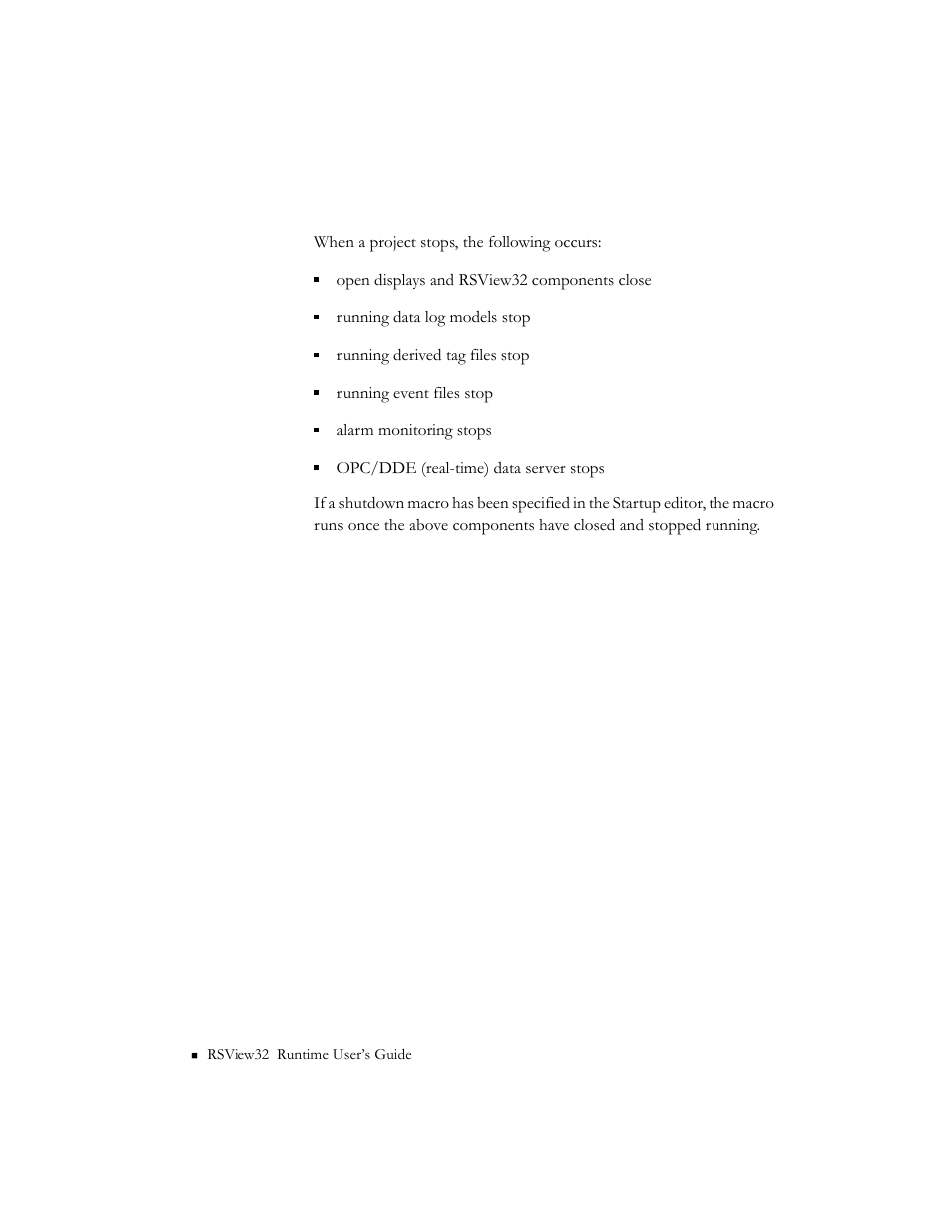 When a project stops, When a project stops -12 | Rockwell Automation RSView32 Runtime Users Guide User Manual | Page 28 / 89