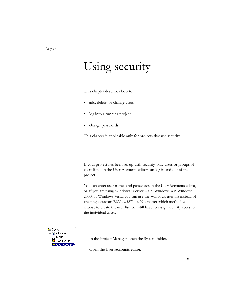 Using security, Editing the users for a project, Chapter 3 | Rockwell Automation RSView32 Runtime Users Guide User Manual | Page 29 / 89