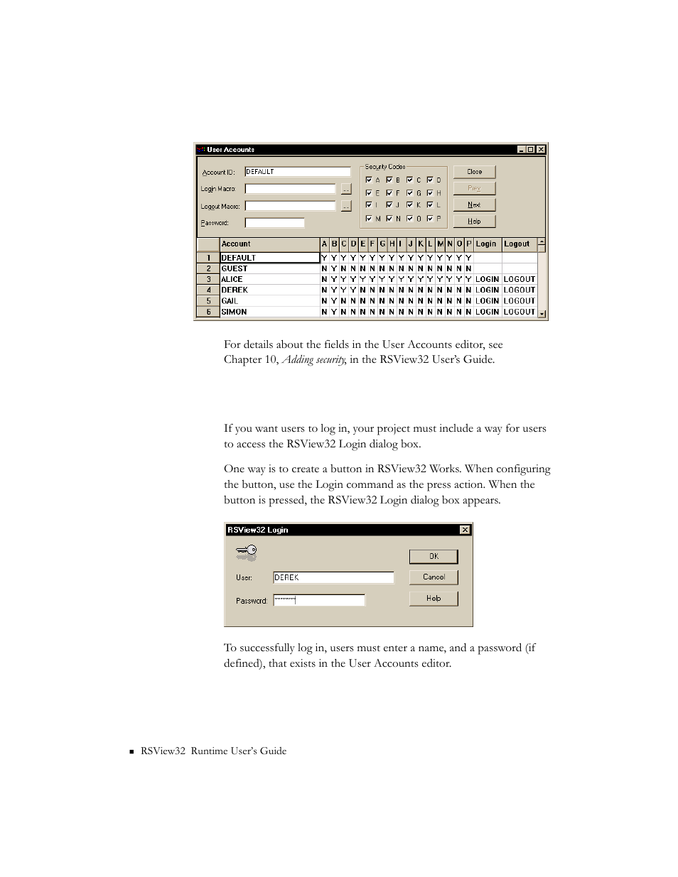 Logging in at runtime | Rockwell Automation RSView32 Runtime Users Guide User Manual | Page 30 / 89