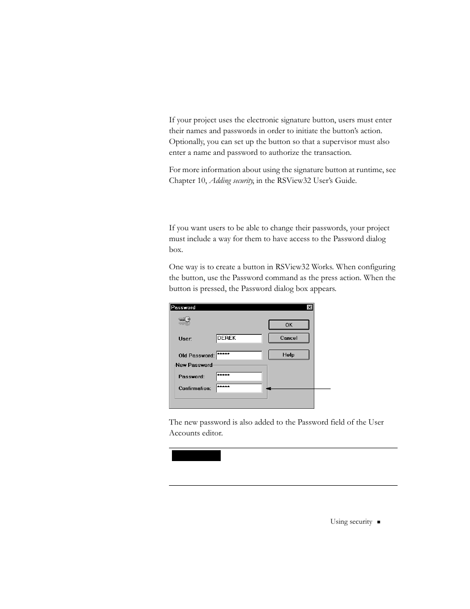 Using the electronic signature button, Changing passwords at runtime, Using the electronic signature button -3 | Rockwell Automation RSView32 Runtime Users Guide User Manual | Page 31 / 89